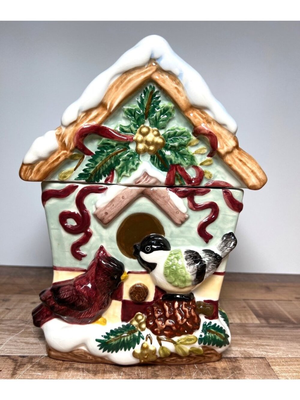 RARE Nantucket Bird House Cookie Jar With Cardinal & Chickadee Holiday Design